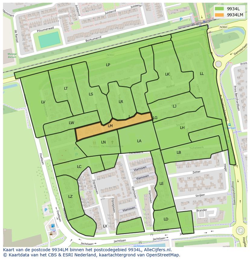 Afbeelding van het postcodegebied 9934 LM op de kaart.