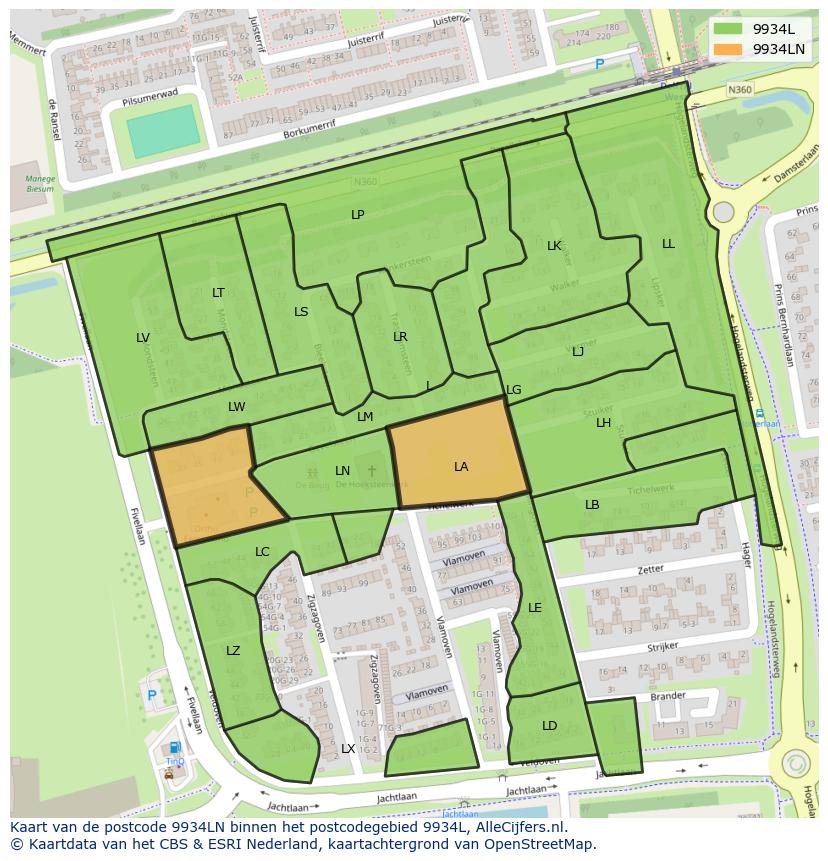 Afbeelding van het postcodegebied 9934 LN op de kaart.
