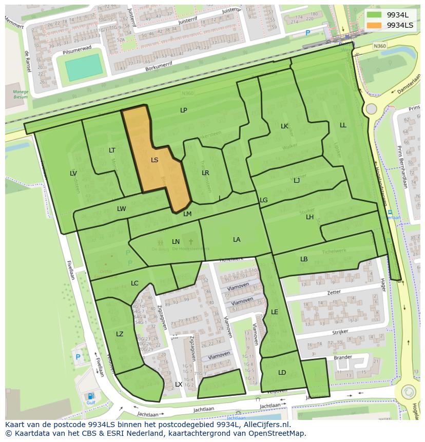 Afbeelding van het postcodegebied 9934 LS op de kaart.