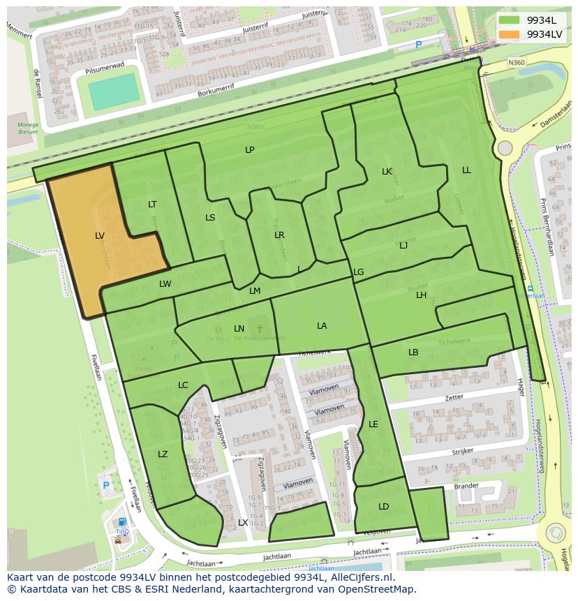 Afbeelding van het postcodegebied 9934 LV op de kaart.
