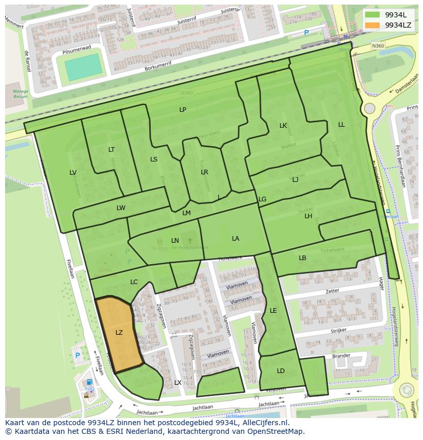 Afbeelding van het postcodegebied 9934 LZ op de kaart.