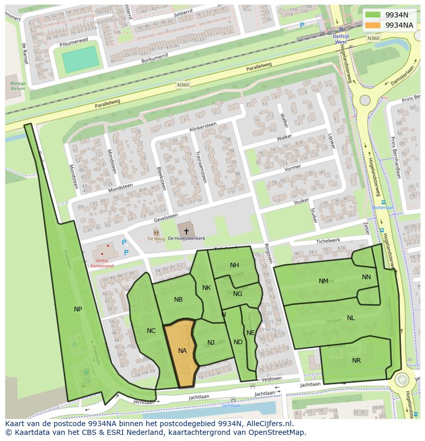Afbeelding van het postcodegebied 9934 NA op de kaart.