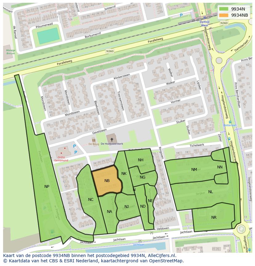 Afbeelding van het postcodegebied 9934 NB op de kaart.