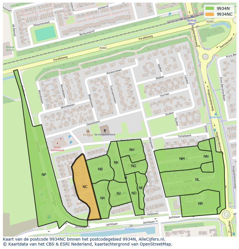 Afbeelding van het postcodegebied 9934 NC op de kaart.