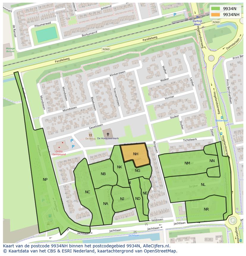 Afbeelding van het postcodegebied 9934 NH op de kaart.