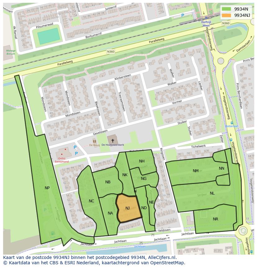 Afbeelding van het postcodegebied 9934 NJ op de kaart.