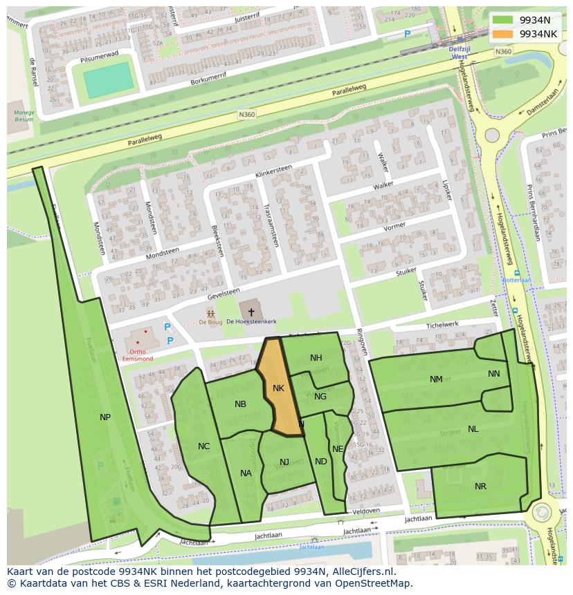 Afbeelding van het postcodegebied 9934 NK op de kaart.