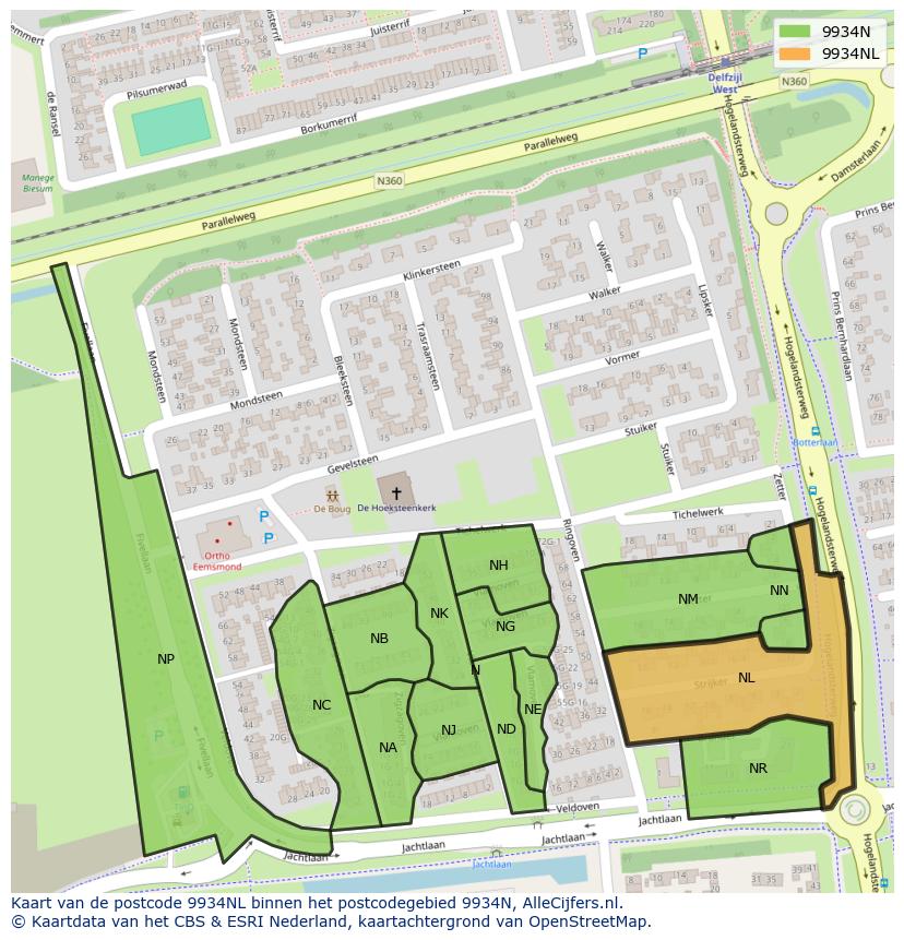 Afbeelding van het postcodegebied 9934 NL op de kaart.