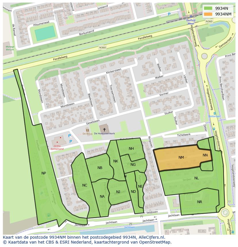 Afbeelding van het postcodegebied 9934 NM op de kaart.