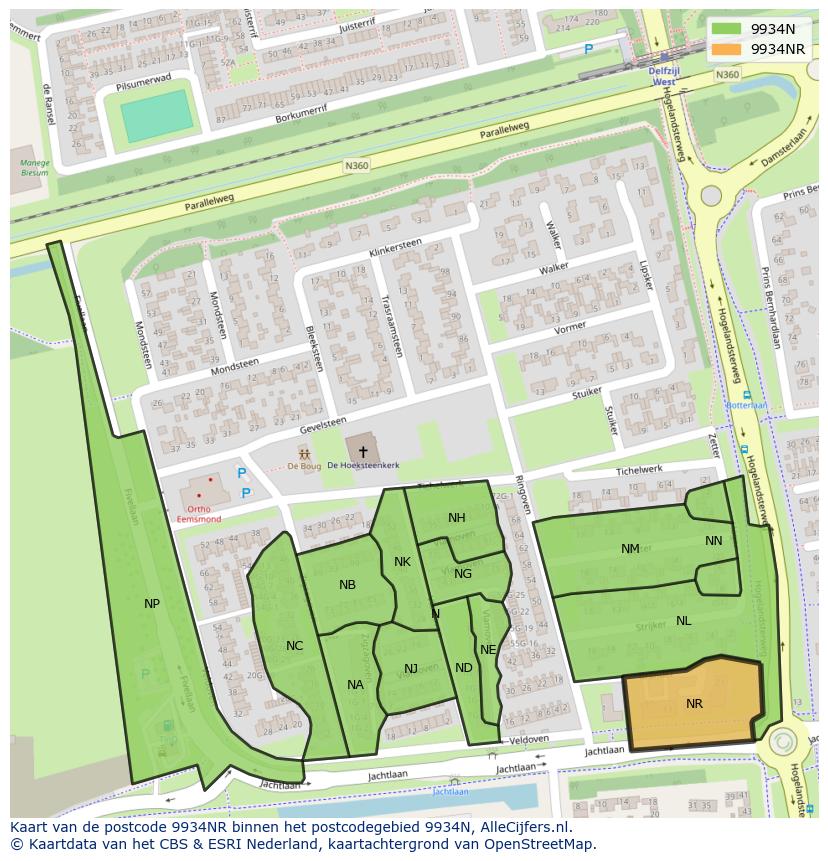 Afbeelding van het postcodegebied 9934 NR op de kaart.