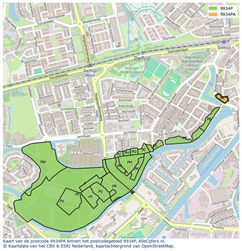 Afbeelding van het postcodegebied 9934 PA op de kaart.