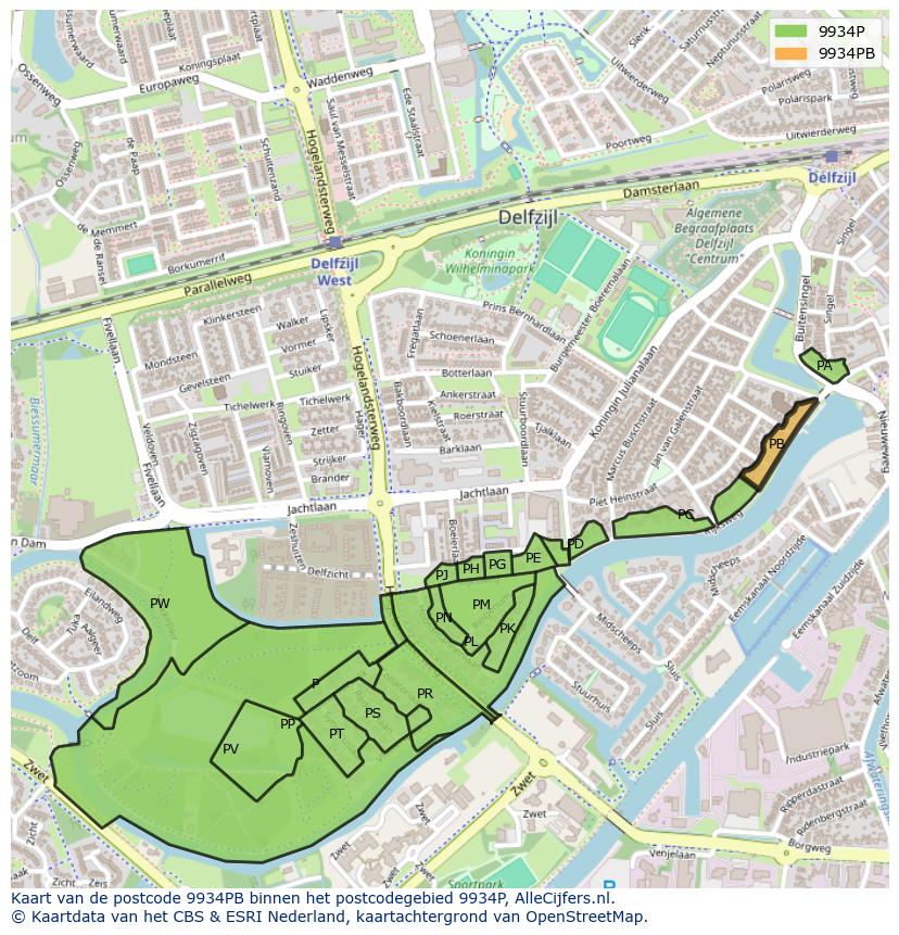 Afbeelding van het postcodegebied 9934 PB op de kaart.