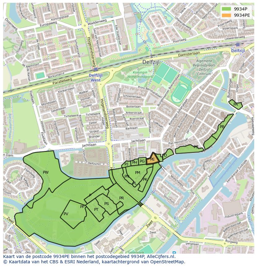Afbeelding van het postcodegebied 9934 PE op de kaart.