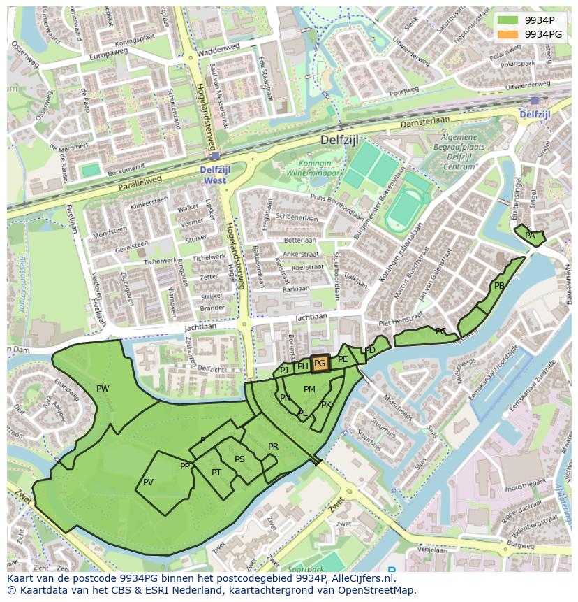 Afbeelding van het postcodegebied 9934 PG op de kaart.
