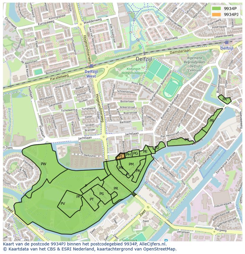 Afbeelding van het postcodegebied 9934 PJ op de kaart.