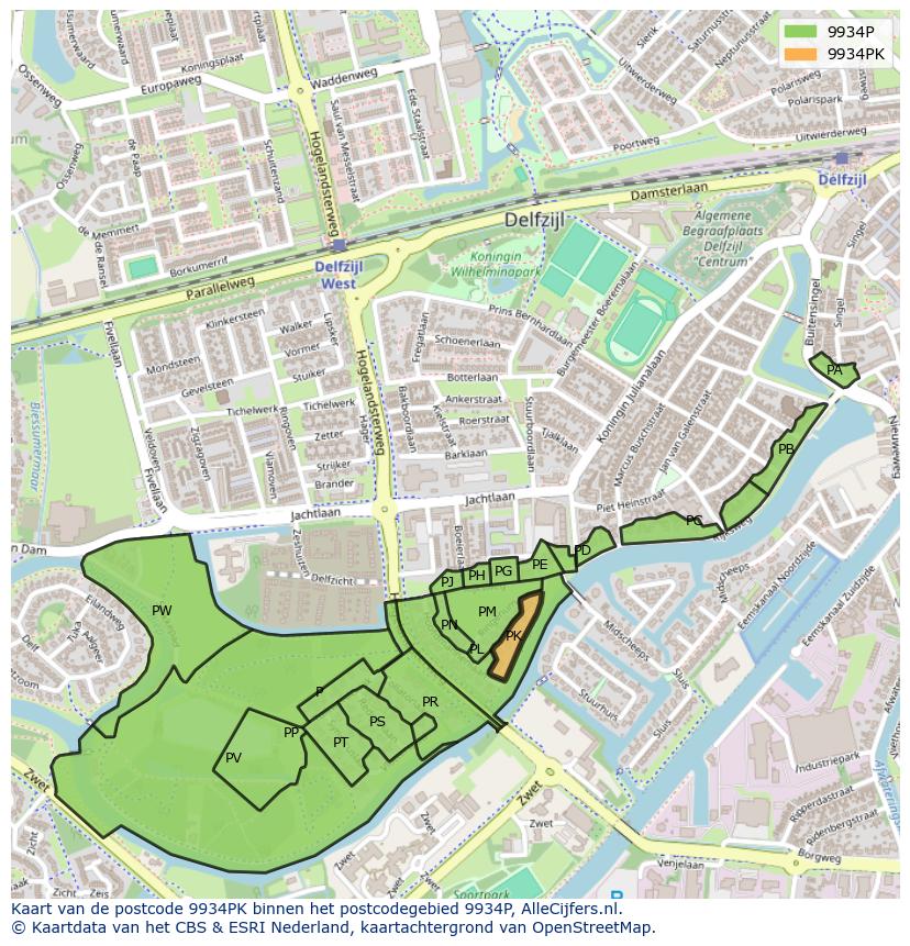 Afbeelding van het postcodegebied 9934 PK op de kaart.