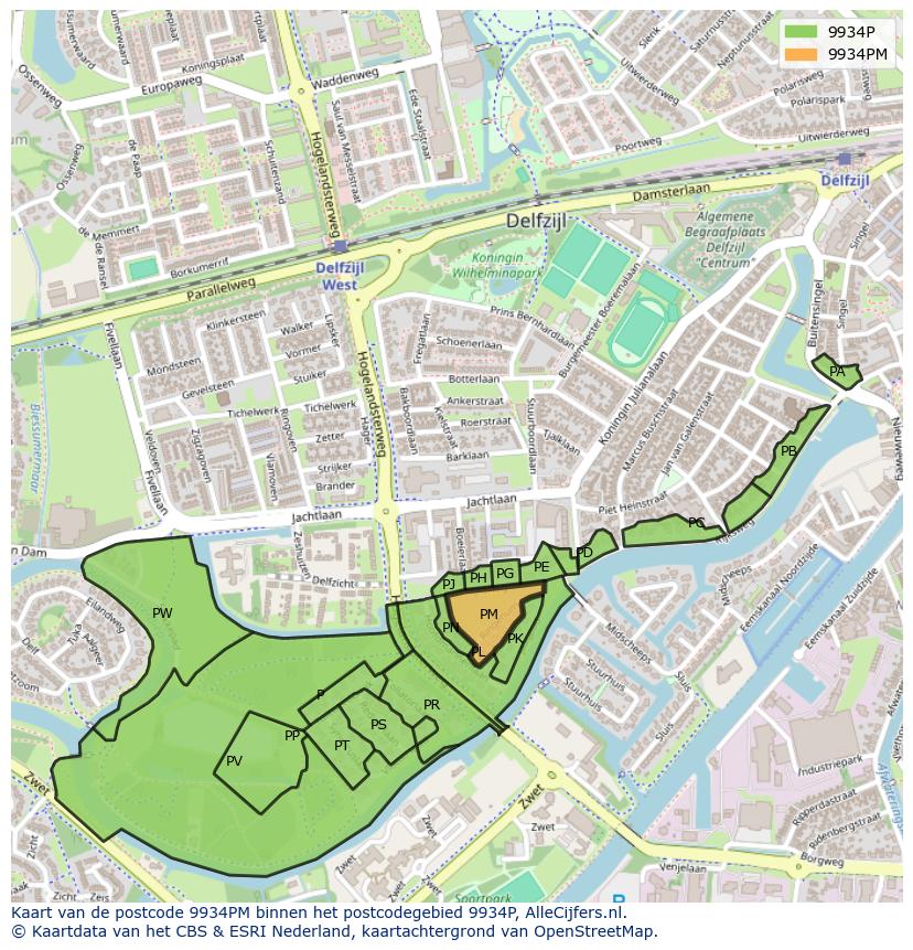 Afbeelding van het postcodegebied 9934 PM op de kaart.