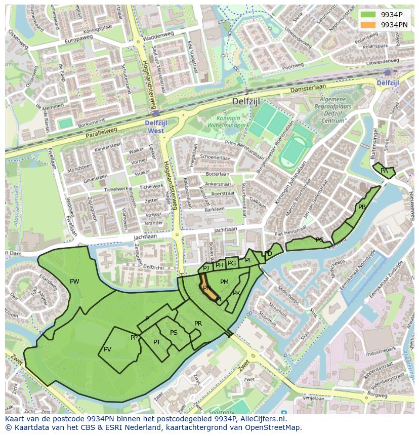 Afbeelding van het postcodegebied 9934 PN op de kaart.