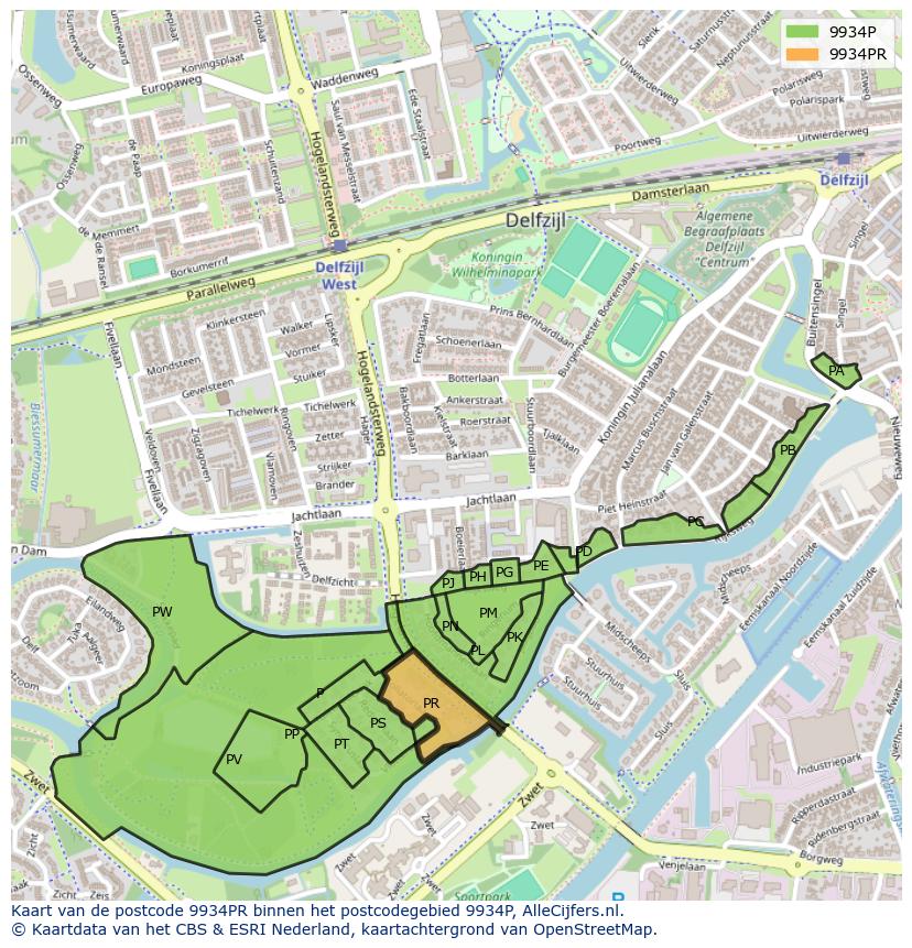 Afbeelding van het postcodegebied 9934 PR op de kaart.