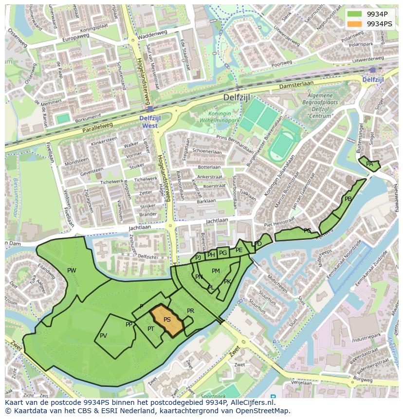 Afbeelding van het postcodegebied 9934 PS op de kaart.
