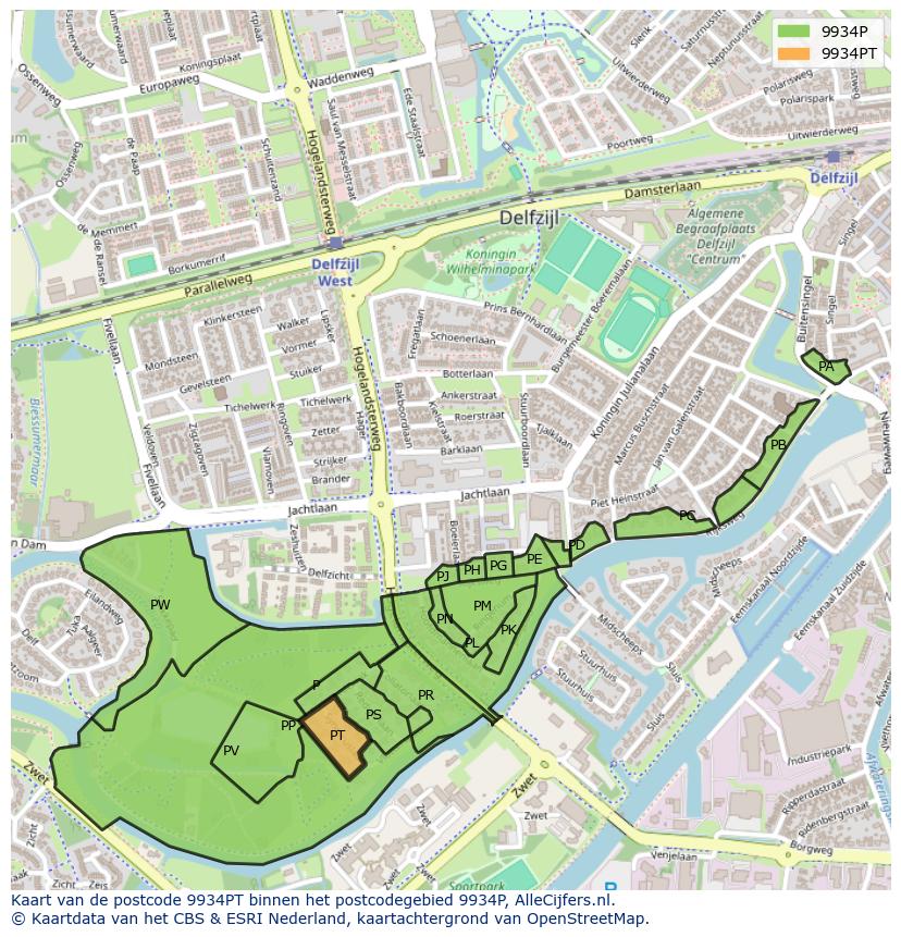 Afbeelding van het postcodegebied 9934 PT op de kaart.