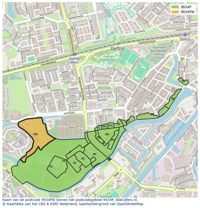 Afbeelding van het postcodegebied 9934 PW op de kaart.
