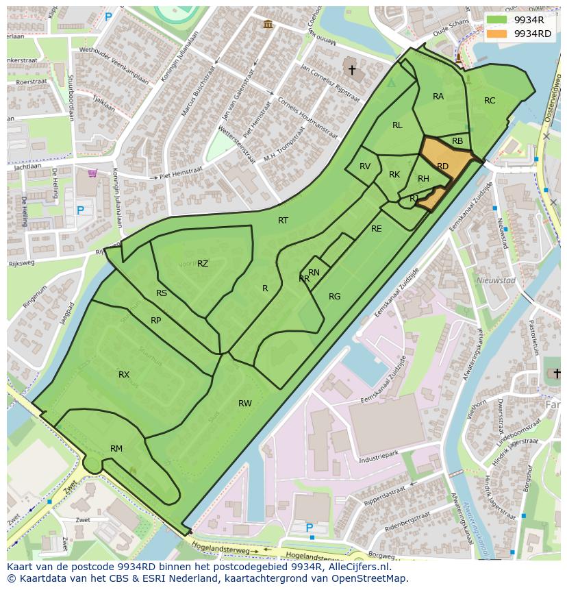Afbeelding van het postcodegebied 9934 RD op de kaart.