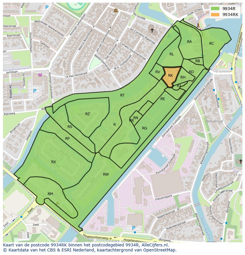 Afbeelding van het postcodegebied 9934 RK op de kaart.