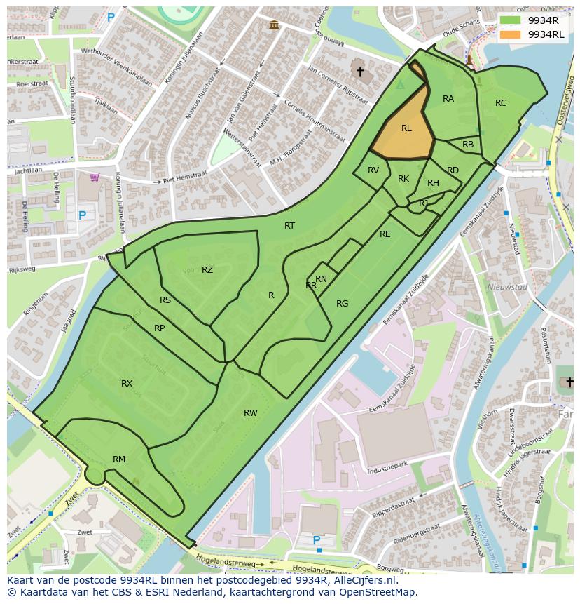 Afbeelding van het postcodegebied 9934 RL op de kaart.