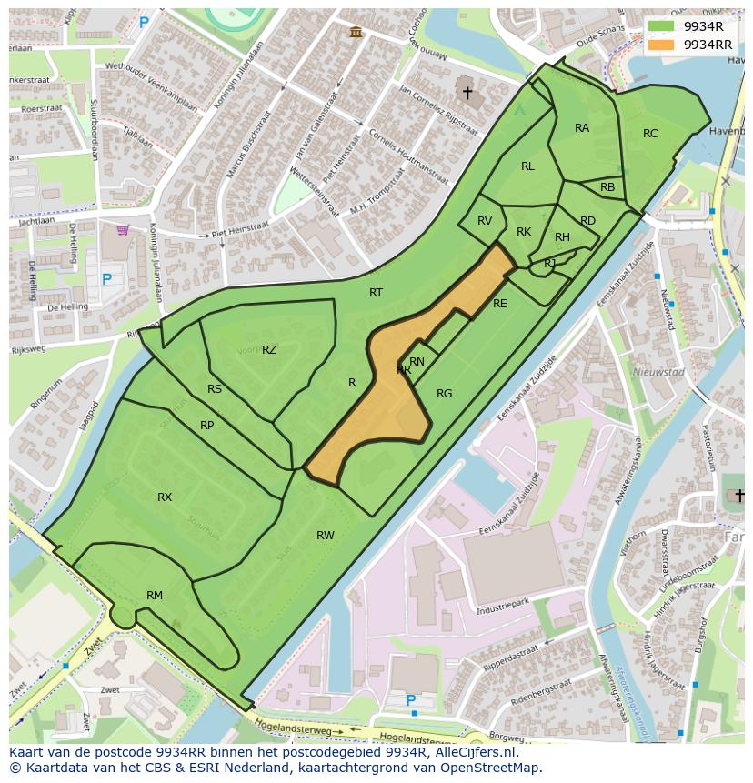 Afbeelding van het postcodegebied 9934 RR op de kaart.