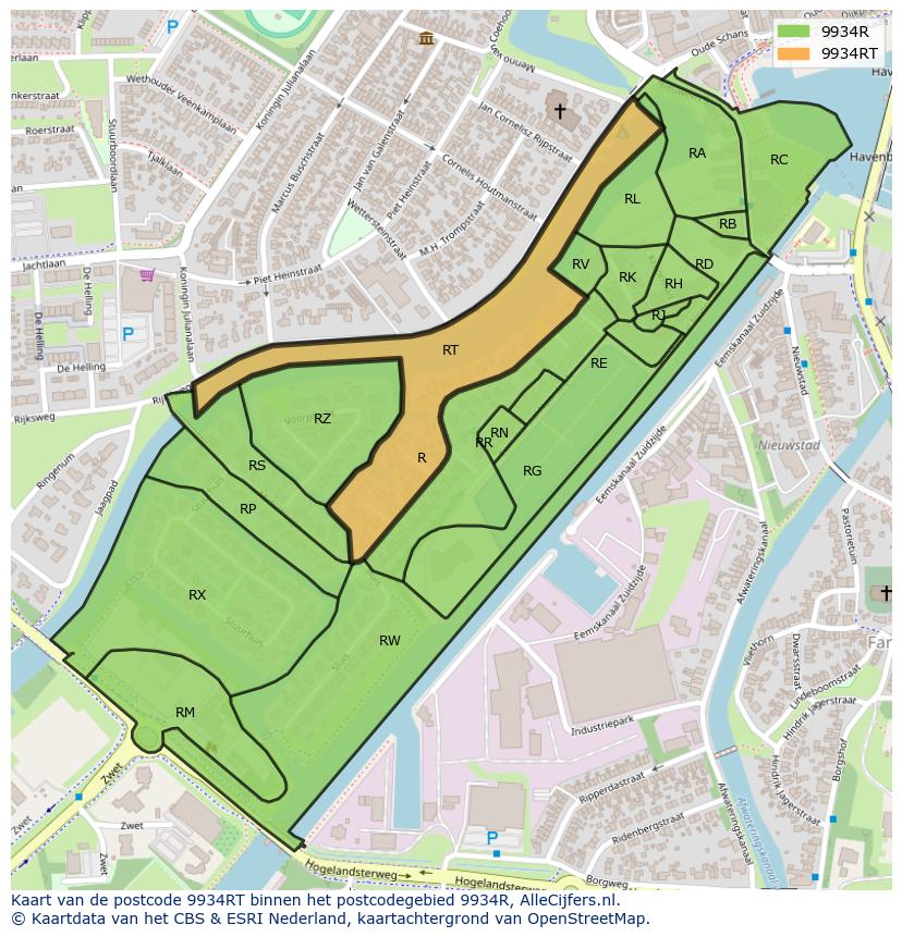 Afbeelding van het postcodegebied 9934 RT op de kaart.