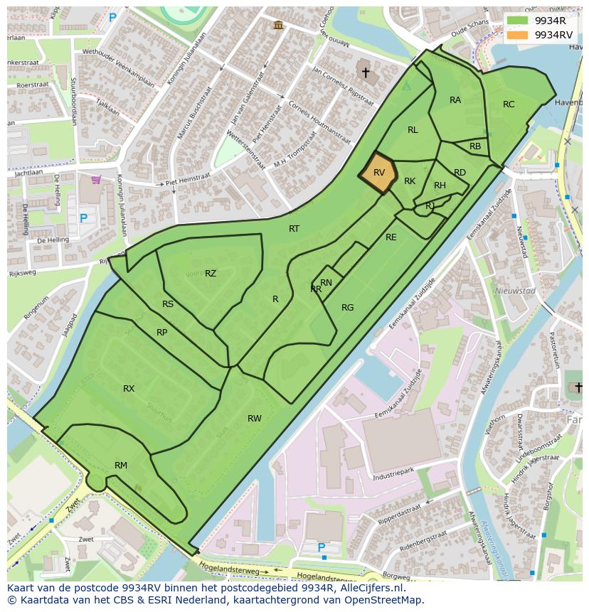 Afbeelding van het postcodegebied 9934 RV op de kaart.