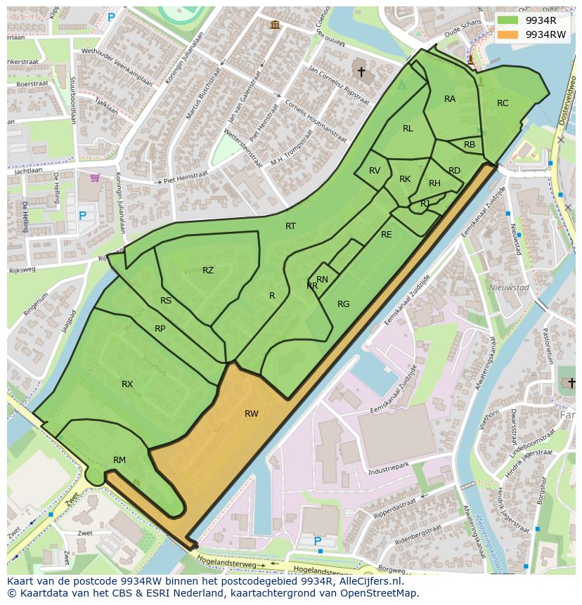 Afbeelding van het postcodegebied 9934 RW op de kaart.