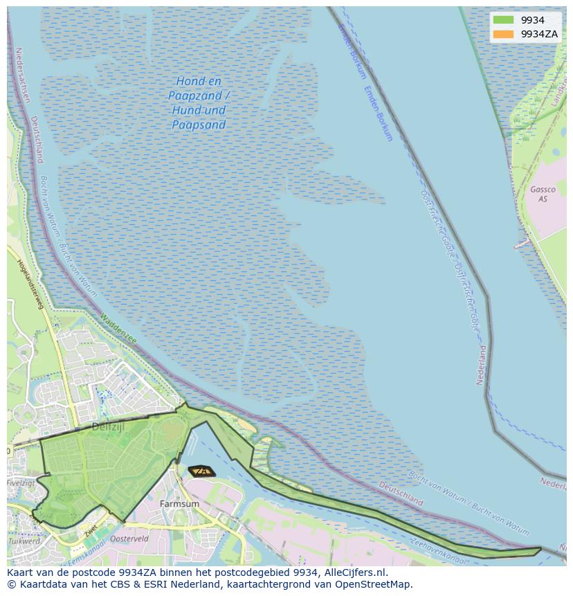Afbeelding van het postcodegebied 9934 ZA op de kaart.