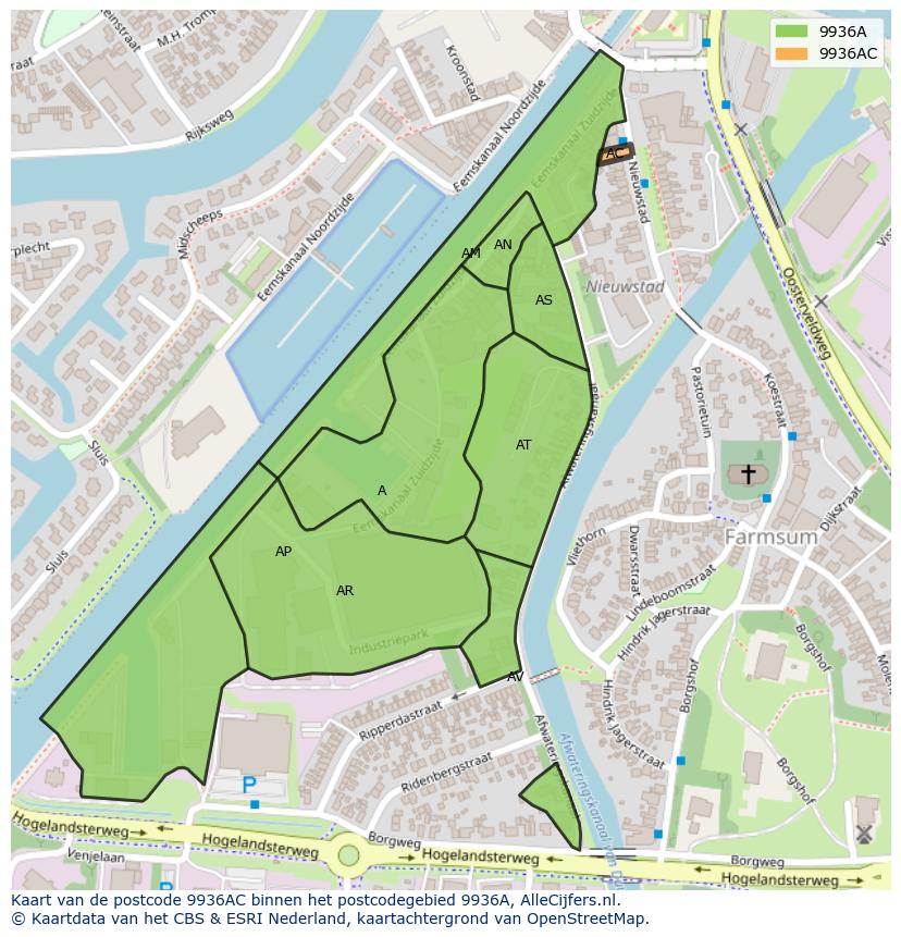 Afbeelding van het postcodegebied 9936 AC op de kaart.