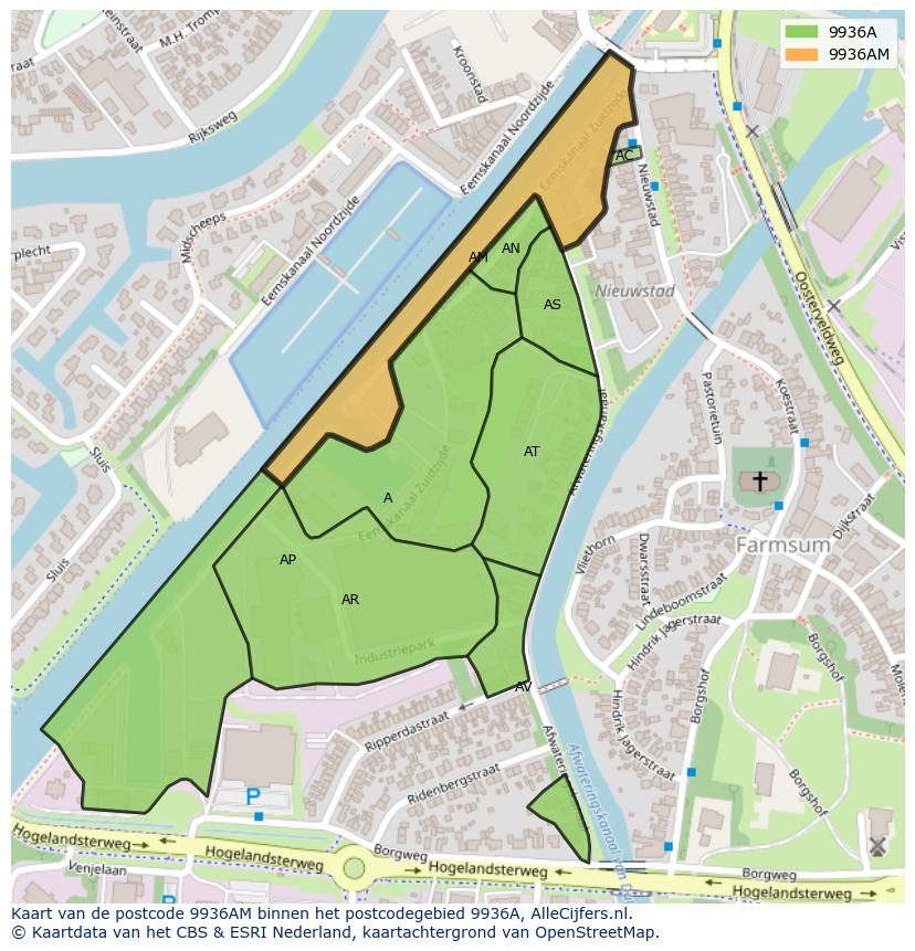Afbeelding van het postcodegebied 9936 AM op de kaart.