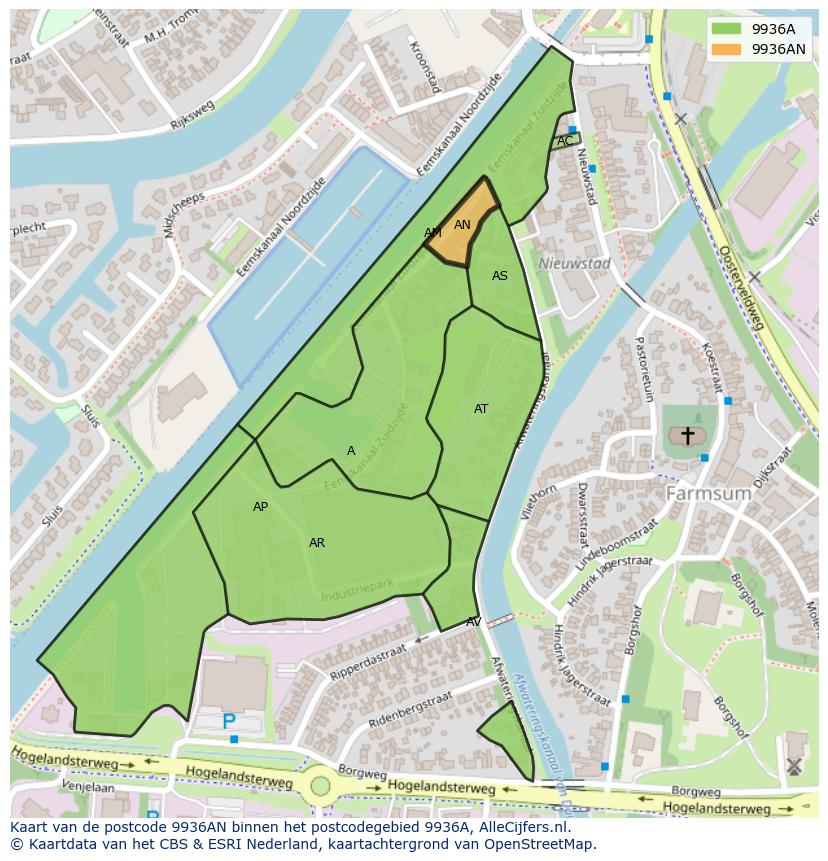Afbeelding van het postcodegebied 9936 AN op de kaart.