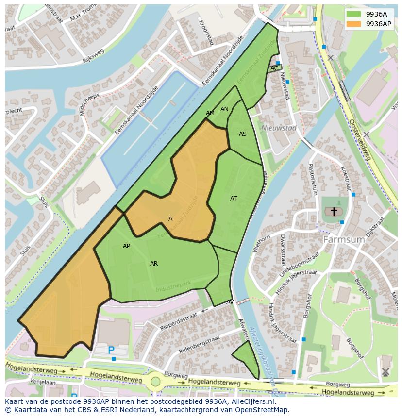 Afbeelding van het postcodegebied 9936 AP op de kaart.
