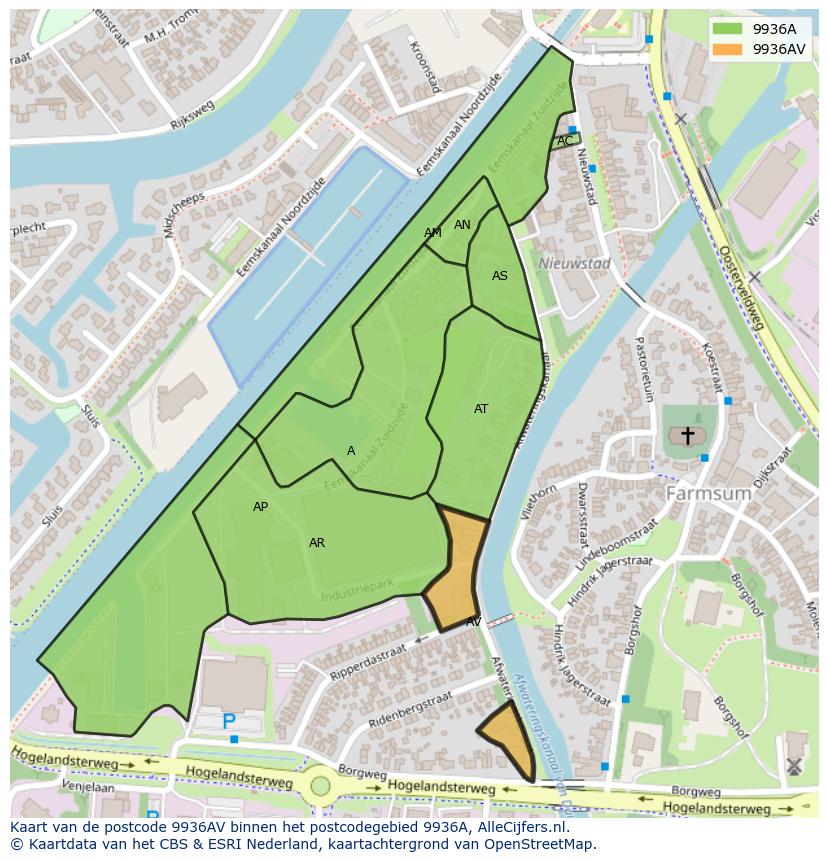 Afbeelding van het postcodegebied 9936 AV op de kaart.