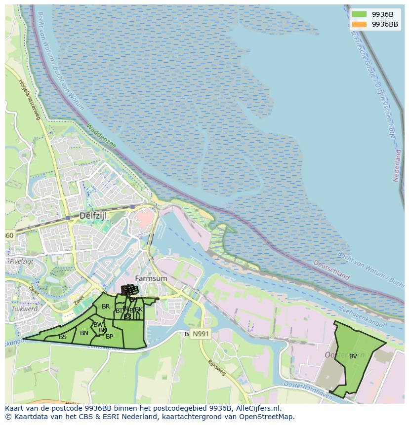 Afbeelding van het postcodegebied 9936 BB op de kaart.