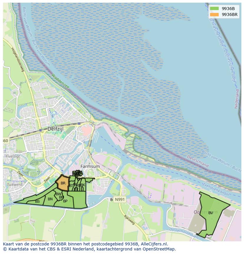 Afbeelding van het postcodegebied 9936 BR op de kaart.