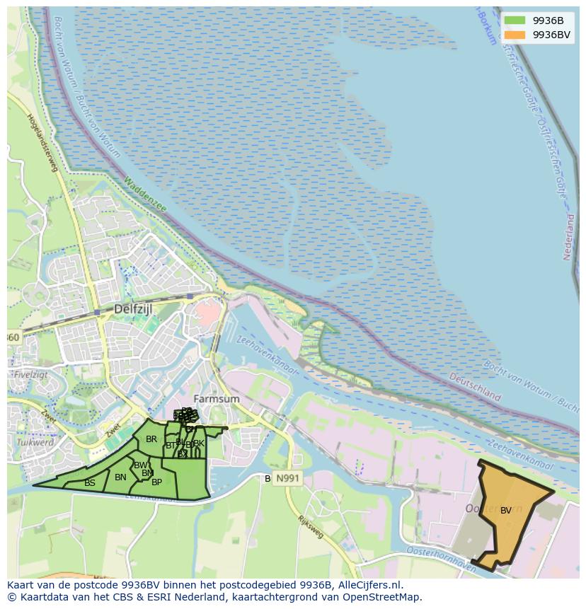 Afbeelding van het postcodegebied 9936 BV op de kaart.