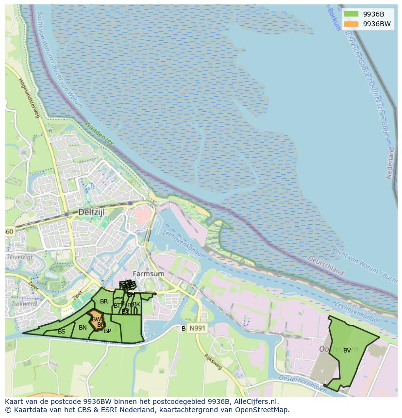 Afbeelding van het postcodegebied 9936 BW op de kaart.