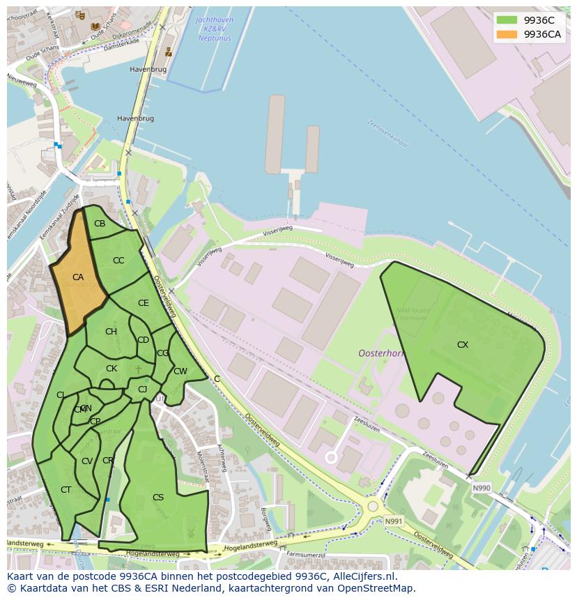 Afbeelding van het postcodegebied 9936 CA op de kaart.