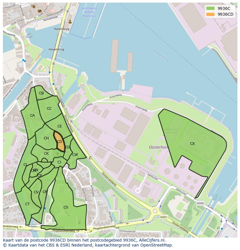 Afbeelding van het postcodegebied 9936 CD op de kaart.