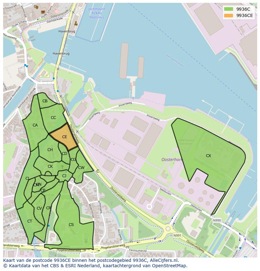 Afbeelding van het postcodegebied 9936 CE op de kaart.