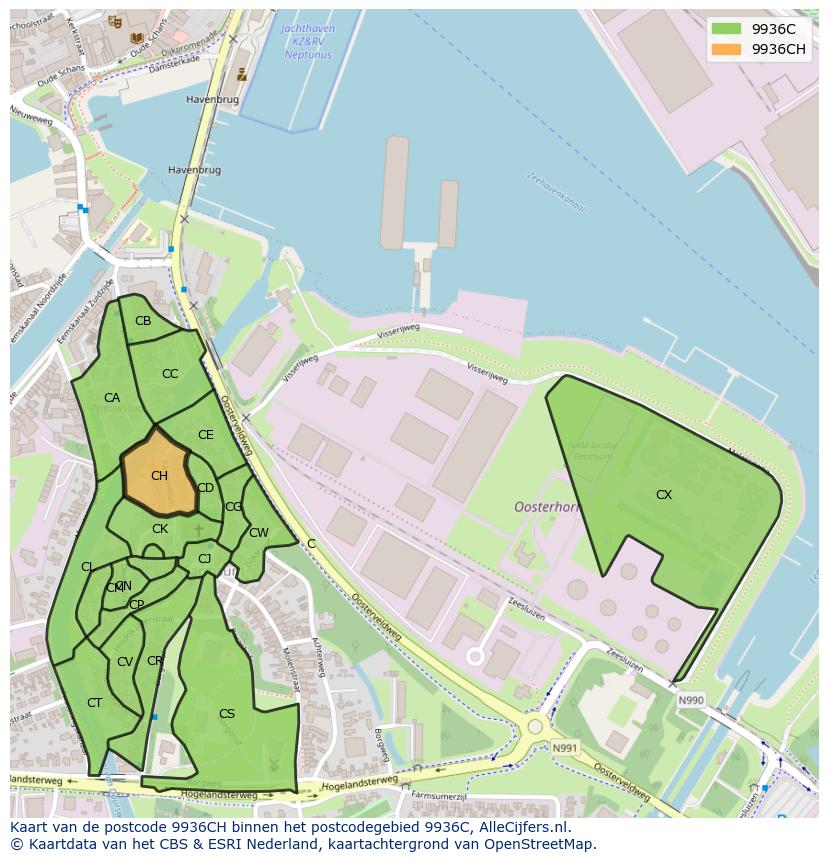 Afbeelding van het postcodegebied 9936 CH op de kaart.