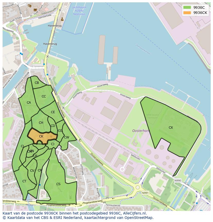 Afbeelding van het postcodegebied 9936 CK op de kaart.