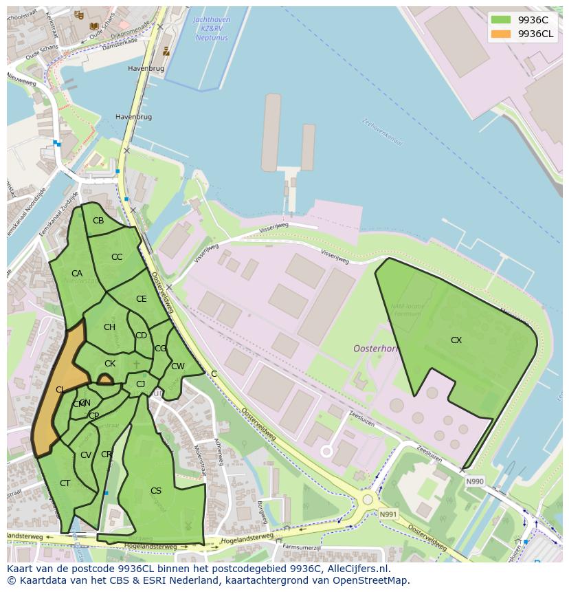 Afbeelding van het postcodegebied 9936 CL op de kaart.