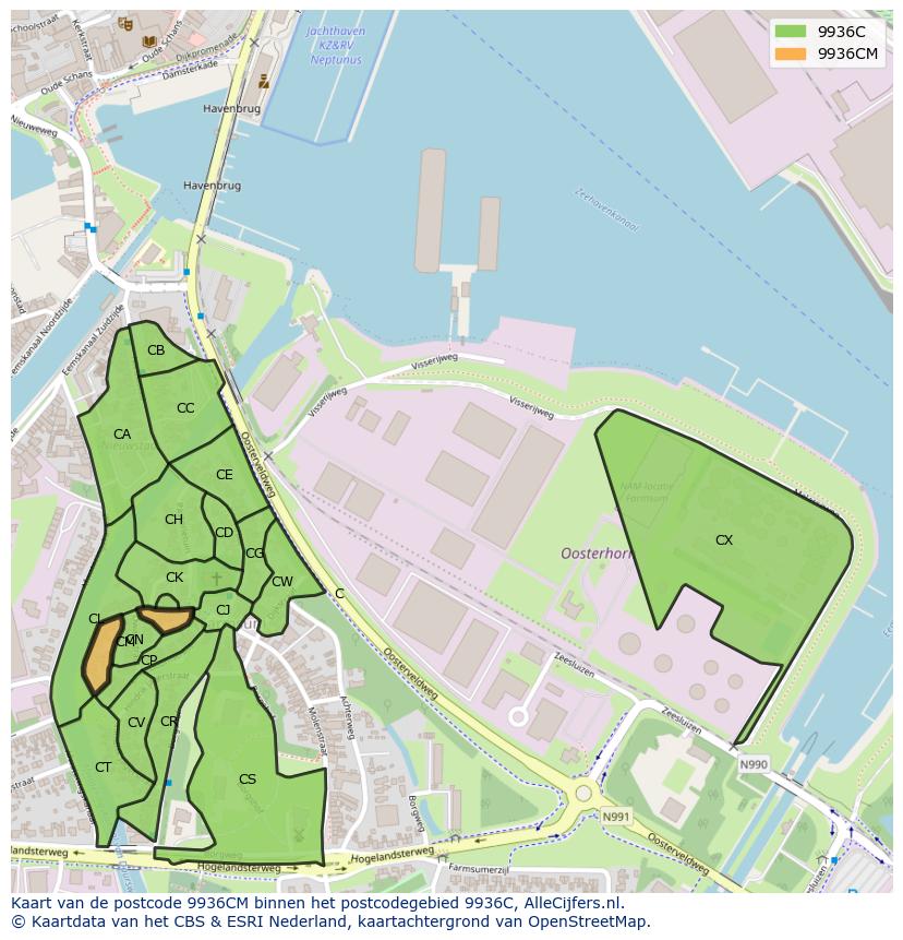 Afbeelding van het postcodegebied 9936 CM op de kaart.